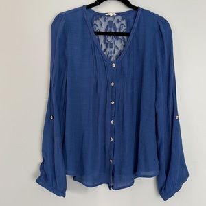 E M Womens V-neck Crepe Lace Insert Top Size L